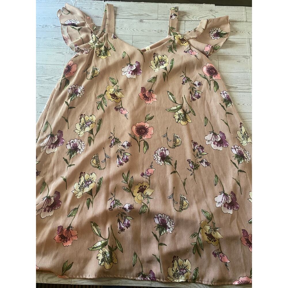 Peppermint USA Floral Cold Shoulder Blouse Tan Pink Yellow Ruffle Top